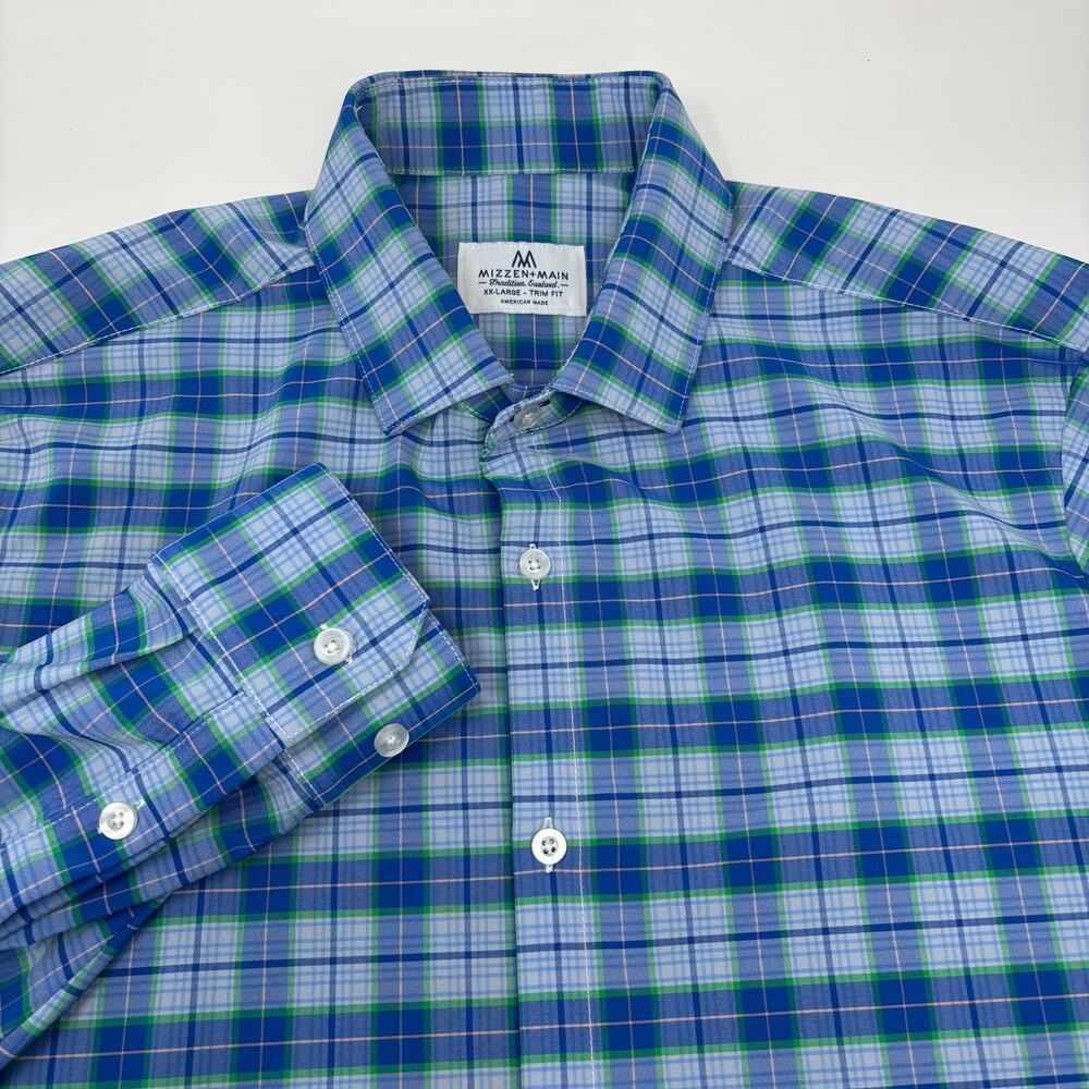 Mizzen & Main 2XL Trim Fit Blue Green Check Plaid Long Sleeve Button Up Shirt